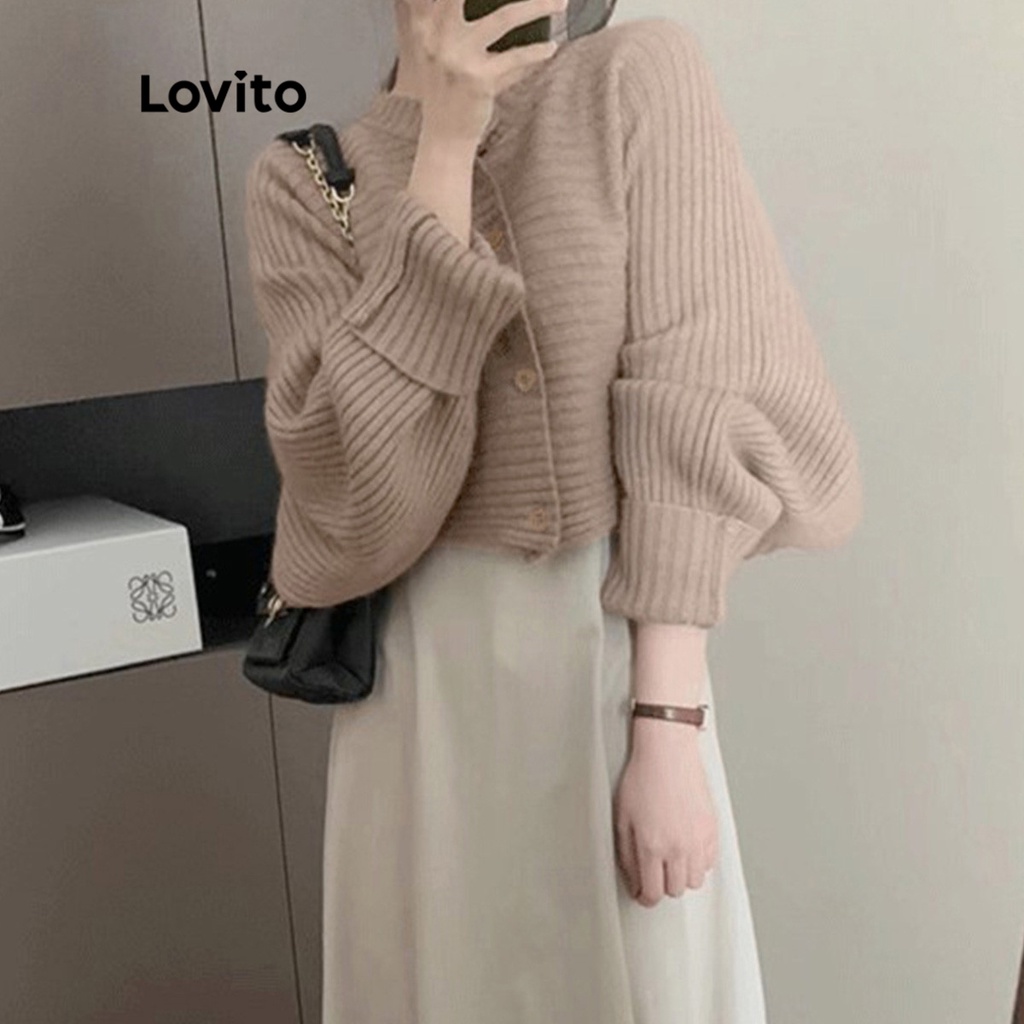 Lovito Áo len cổ tròn tay dài phối nút thông thường cho nữ LNE15168 (Mơ/Lạc Đà)