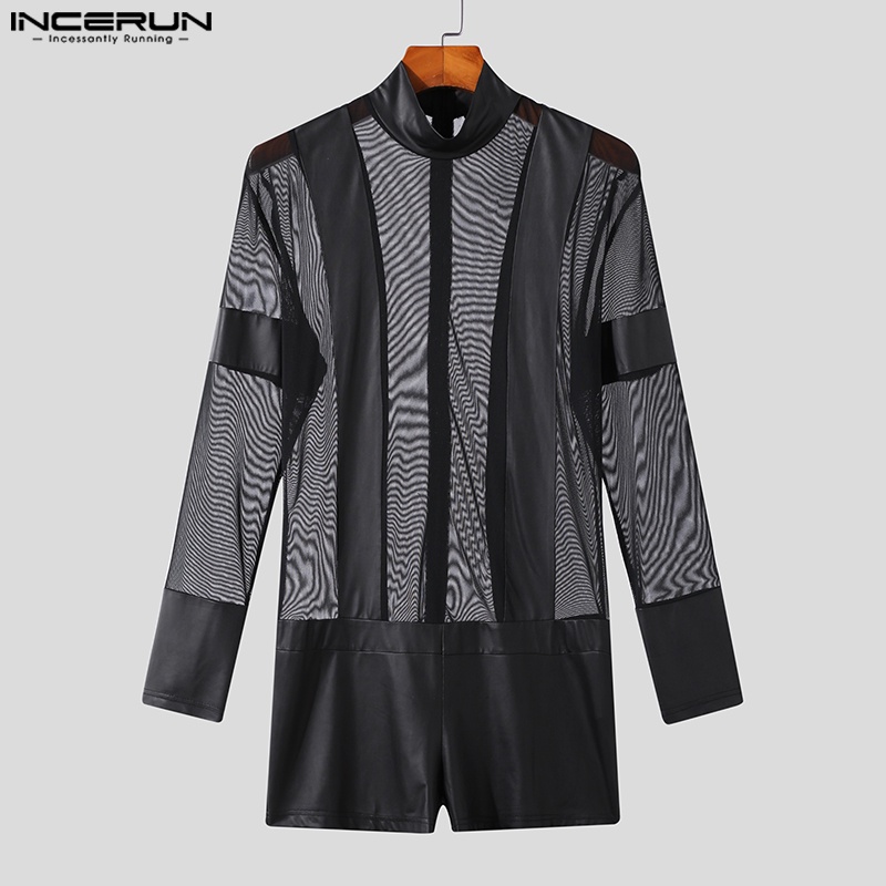 INCERUN Bộ Áo Liền Quần Tay Dài Phối Lưới Xuyên Thấu Thời Trang Quyến Rũ Cho Nam