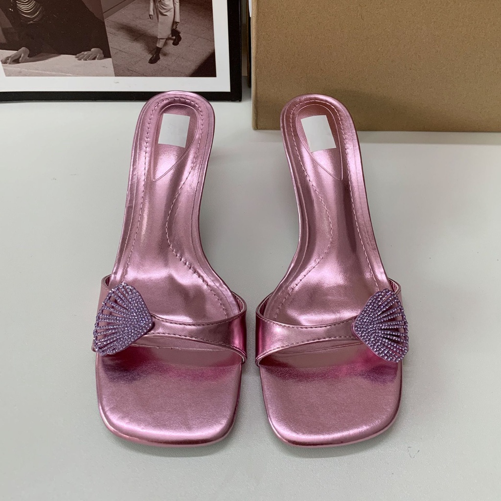 Xăng Đan ZARA Gót Thấp Mũi Vuông Đính Đá Kim Cương Giả Dễ Thương Thời Trang 2023 Cho Bạn Gái