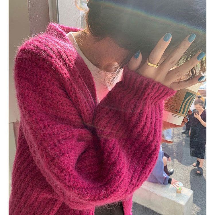 Áo Khoác Cardigan Dệt Kim Cổ Chữ V Dáng Rộng Màu Trơn Phong Cách Hàn Quốc Mới