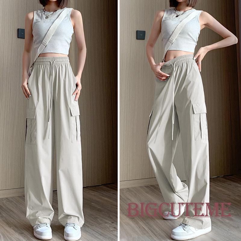 Quần Dài Eo Cao Dáng Rộng Có Túi Màu Sắc Đơn Giản Cho Nữ