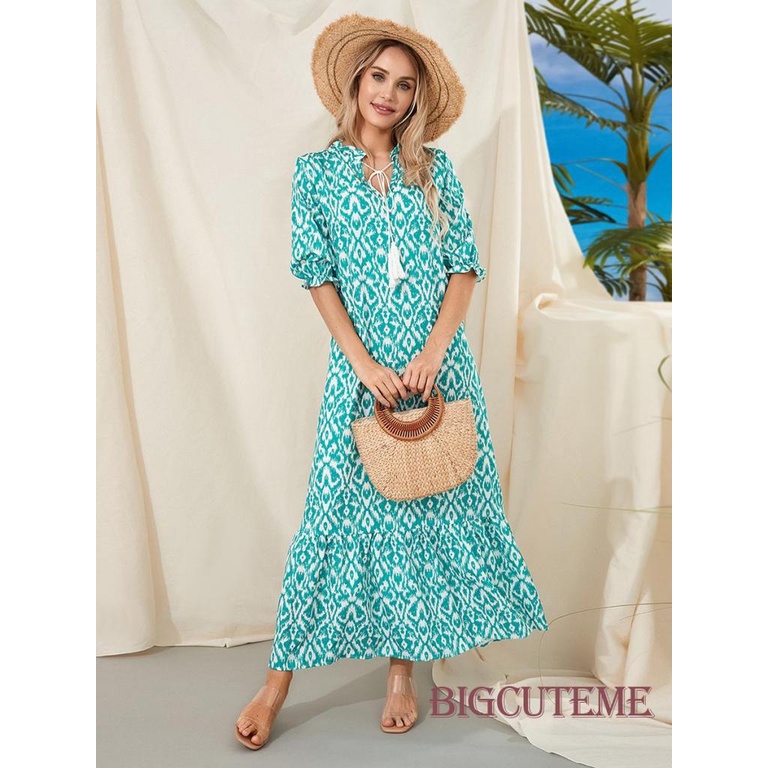 Đầm Dài Dáng Rộng Tay Ngắn Cổ Chữ V In Họa Tiết Hoa / Đồ Họa Thời Trang Mùa Hè Xinh Xắn Cho Nữ