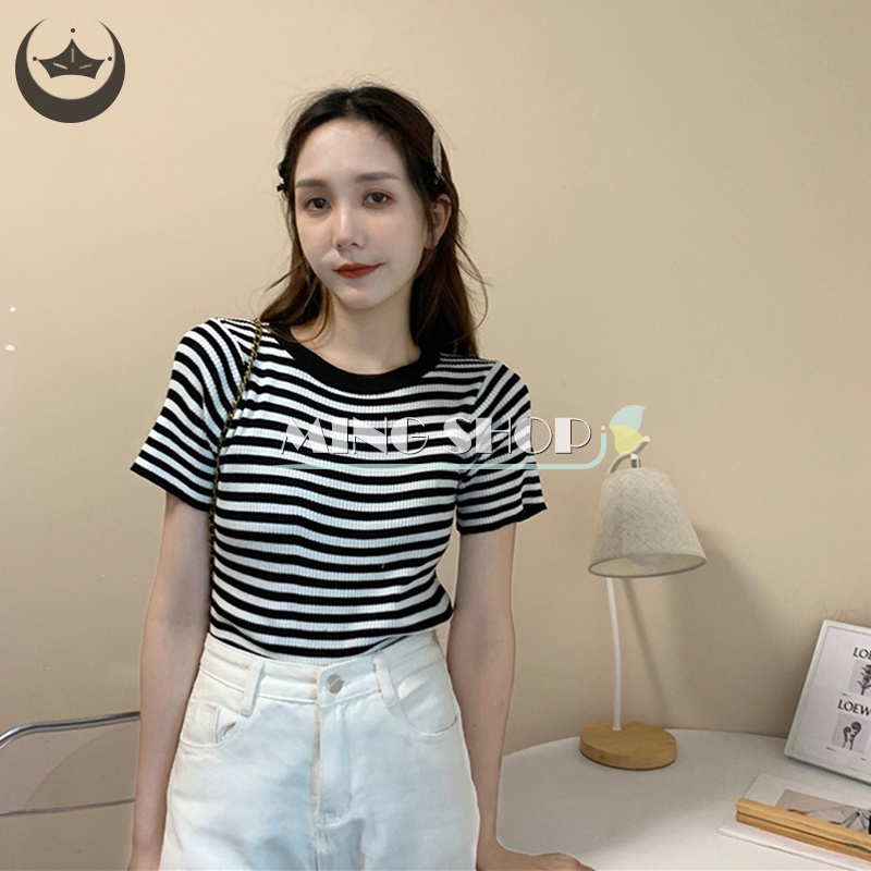 Áo Thun Dệt Kim Ngắn Tay Cổ Tròn Họa Tiết Kẻ Sọc Thời Trang Mùa Hè Cho Nữ