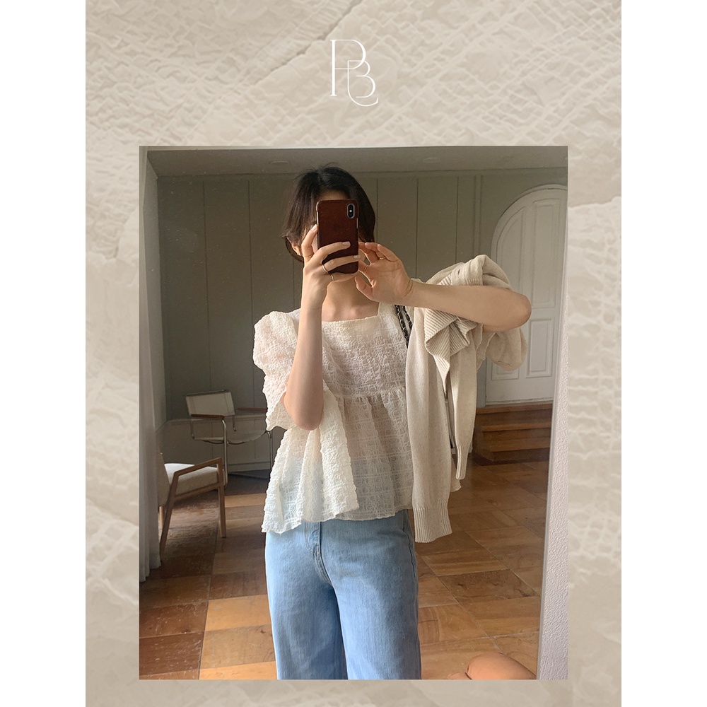 SUXI Áo Kiểu Tay Ngắn Cổ Vuông Xuyên Thấu Phong Cách Hàn Quốc Ngọt Ngào