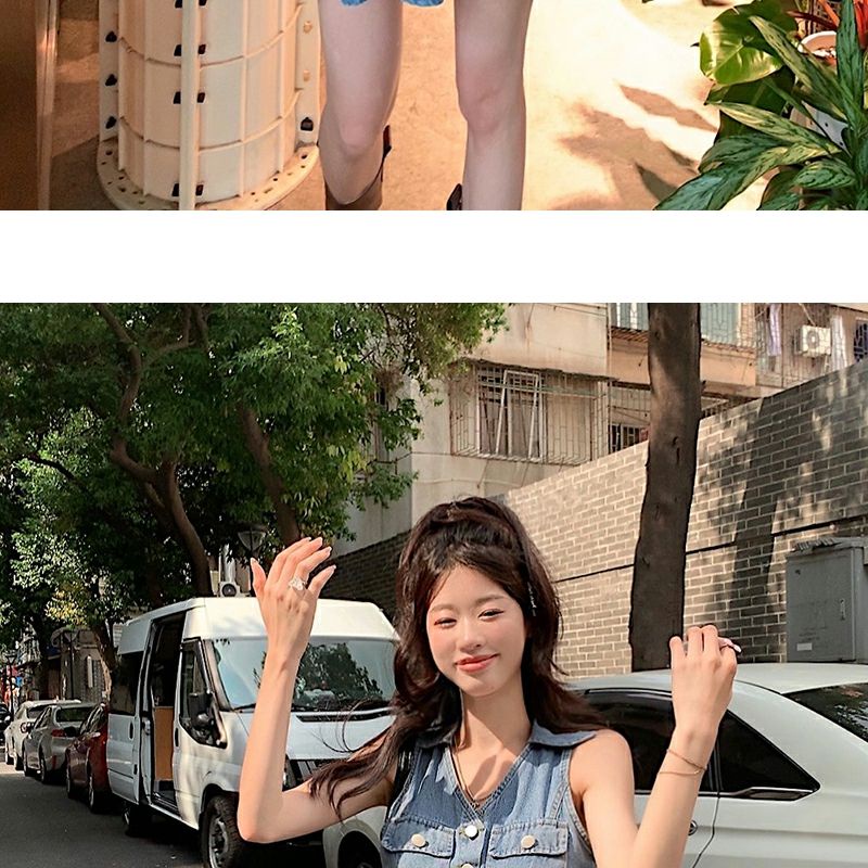 Đầm Denim Ngắn Hai Dây Mỏng Mùa Hè Phong Cách Cổ Điển Dáng Chữ A Cho Nữ JVFP
