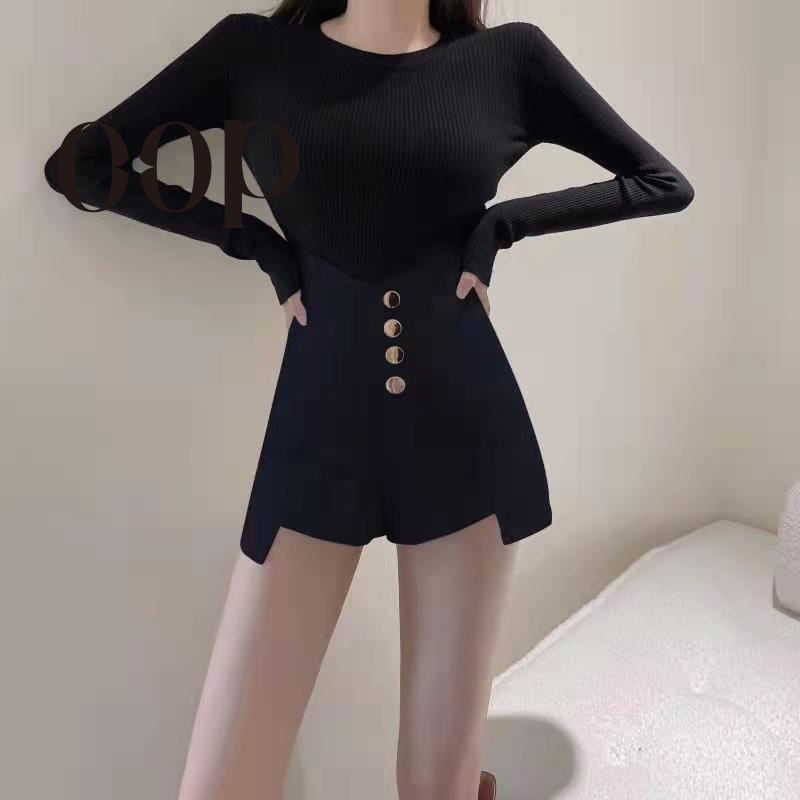Oop Quần Short Ống Rộng Lưng Cao Cài Nút Phong Cách Mới Cho Nữ HZFWC7050