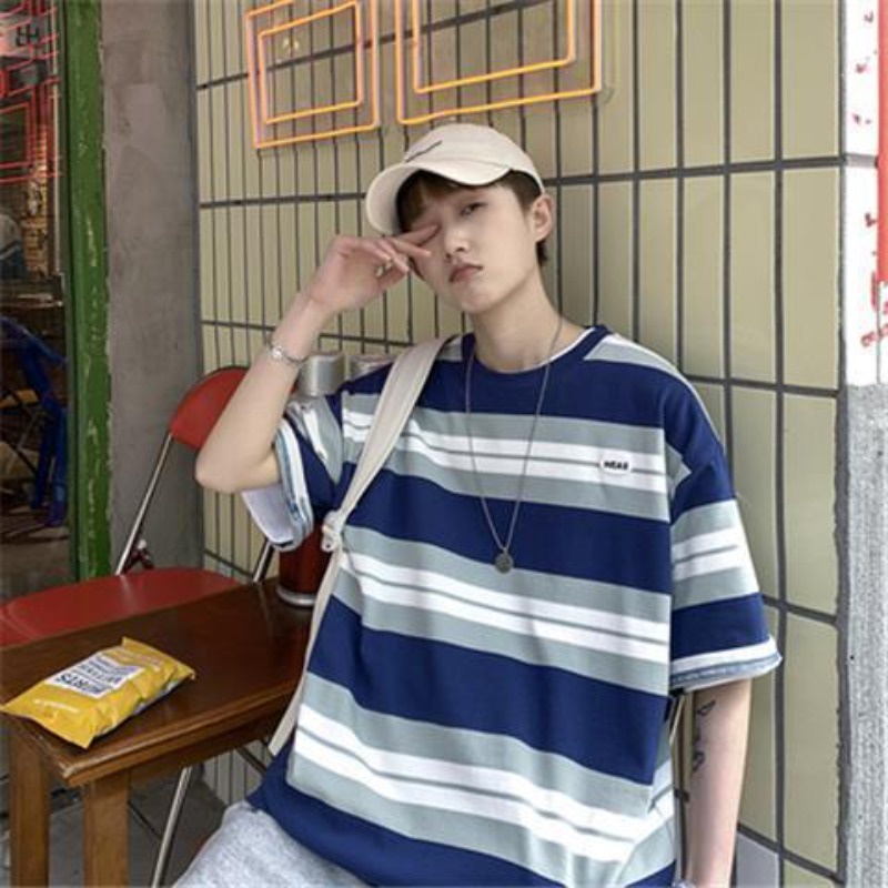 Áo thun nam tay ngắn dáng rộng kẻ sọc thời trang Nhật Bản