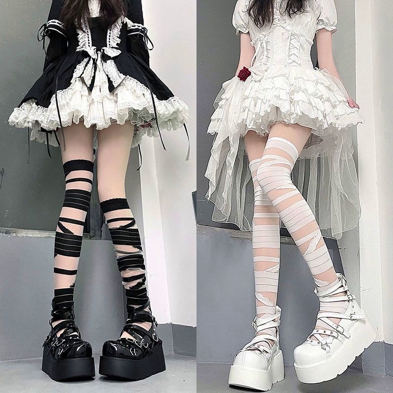 Vớ Dài Qua Gối Siêu Mỏng Màu Trắng Đen Phong Cách Lolita Quyến Rũ Cho Nữ