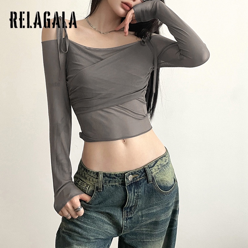 Áo Thun Tay Dài Dáng Ôm Hở Vai Màu Trơn Thời Trang 2023 Dành Cho Bạn Nữ