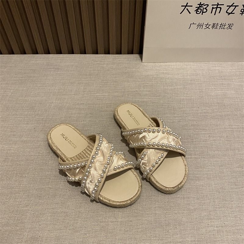 Dép Cói Đế Bằng Quai Chéo Đính Ngọc Trai Thời Trang Dành Cho Nữ