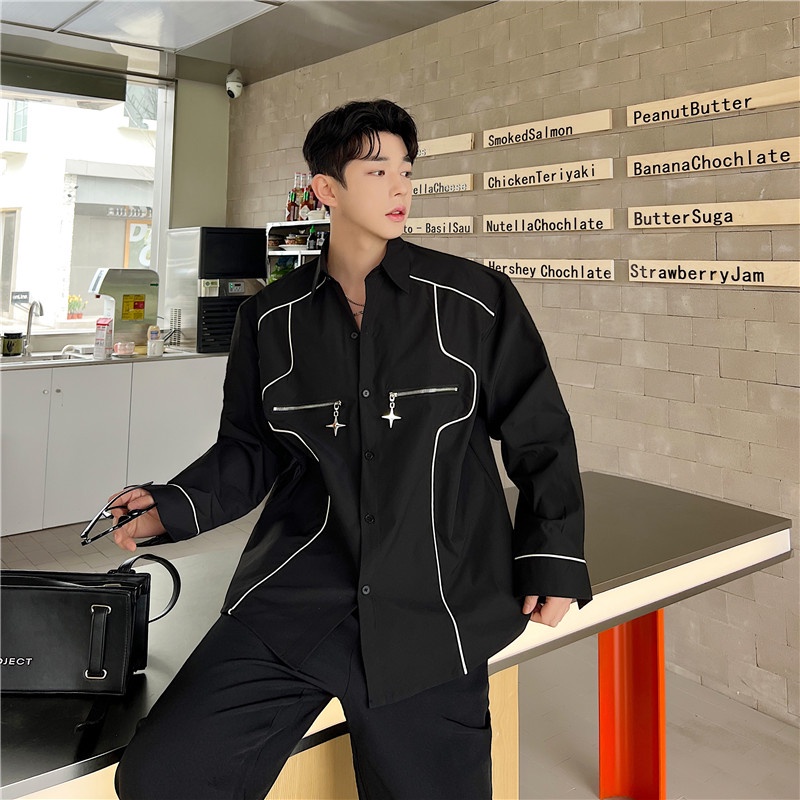 August Genderless Áo Sơ Mi Tay Dài Màu Tương Phản Phong Cách Hàn Quốc Thời Trang Mùa Thu Cao Cấp Cho Nam