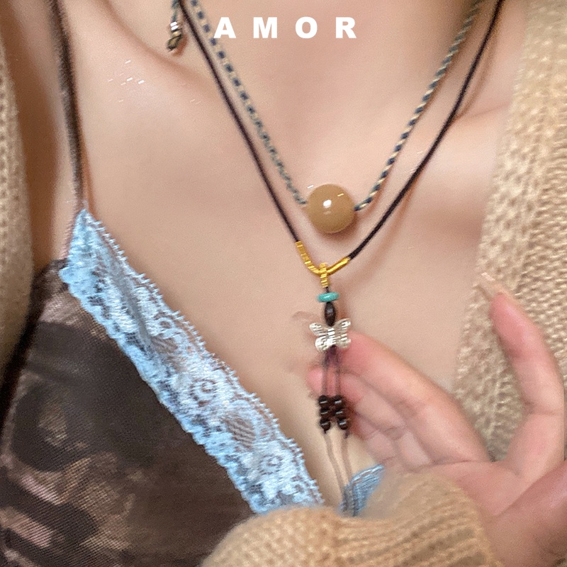 Vòng Cổ Hai Lớp Mặt Bướm Mã Não Thiết Kế Mới Thời Trang Theo Phong Cách Trung Hoa