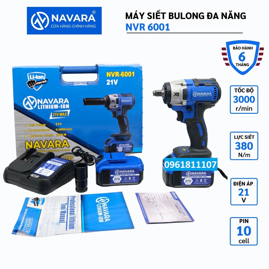 Máy siết bulong pin Navara 6002 Động cơ bền bỉ mạnh mẽ, máy vặn ốc, siết bulong pin, máy siết ốc