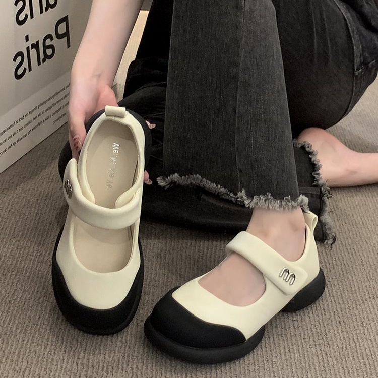 Giày Búp Bê Da PU Mũi Tròn Màu Trơn Phối Khóa Cài Trẻ Trung Hợp Thời Trang