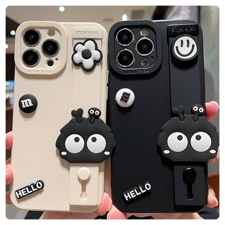 Ốp lưng cho iPhone 17 Air 17e 16e 15 14 11 Pro Max 13 12 mini 8 7 6S Plus XR XS 3D Bóng than đen vui nhộn + Giá đỡ dây đeo cổ tay Vỏ điện thoại silicon