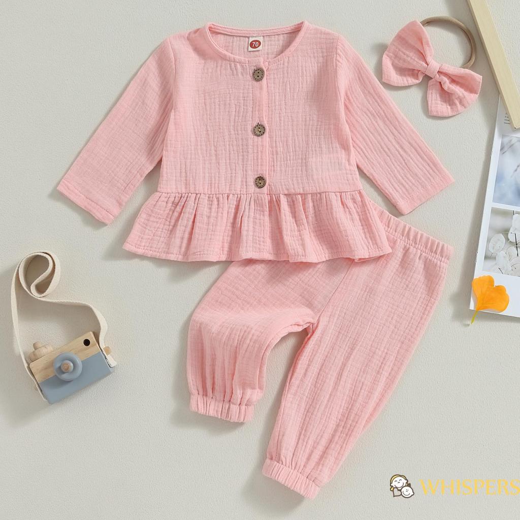 Bộ Áo Sơ Mi Tay Dài Cài Khuy + Quần Dài + Băng Đô Cài Tóc Xinh Xắn Cho Bé Gái 0-3 Tuổi