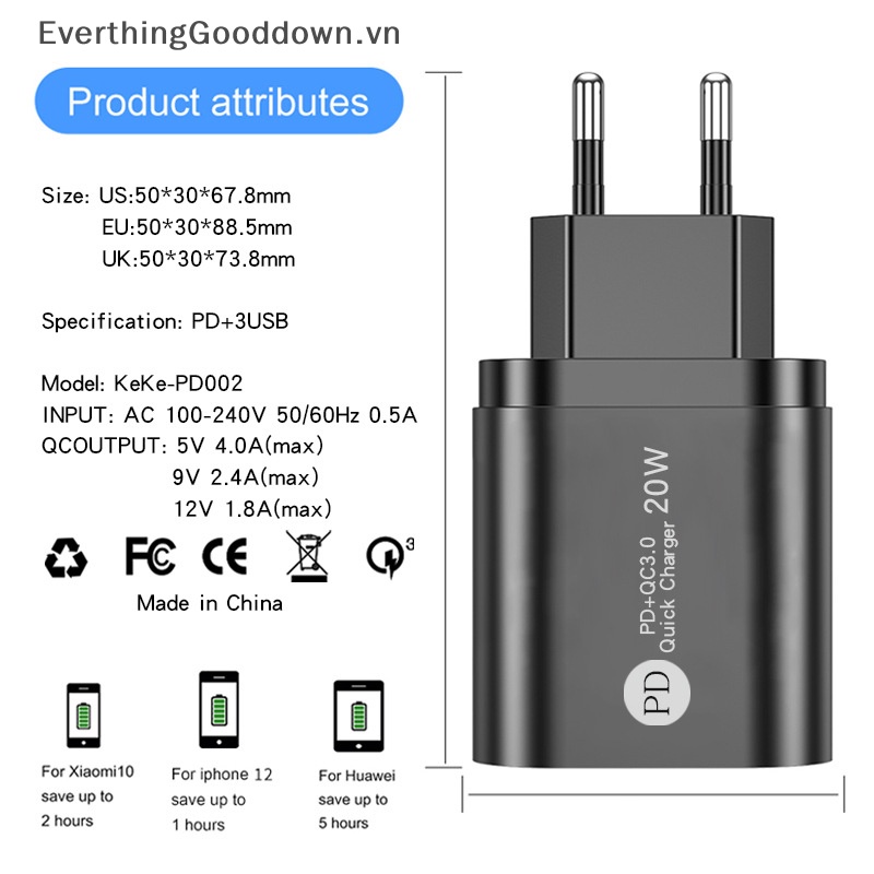 Bộ Sạc Nhanh 20W USB C QC 3.0 PD Cho iPhone 13