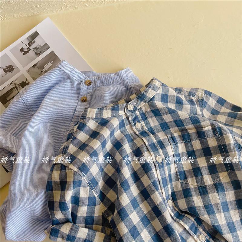 Áo Sơ Mi Cotton Ngắn Tay Cổ Đứng Họa Tiết Kẻ Sọc Thời Trang Mùa Hè Cho Bé