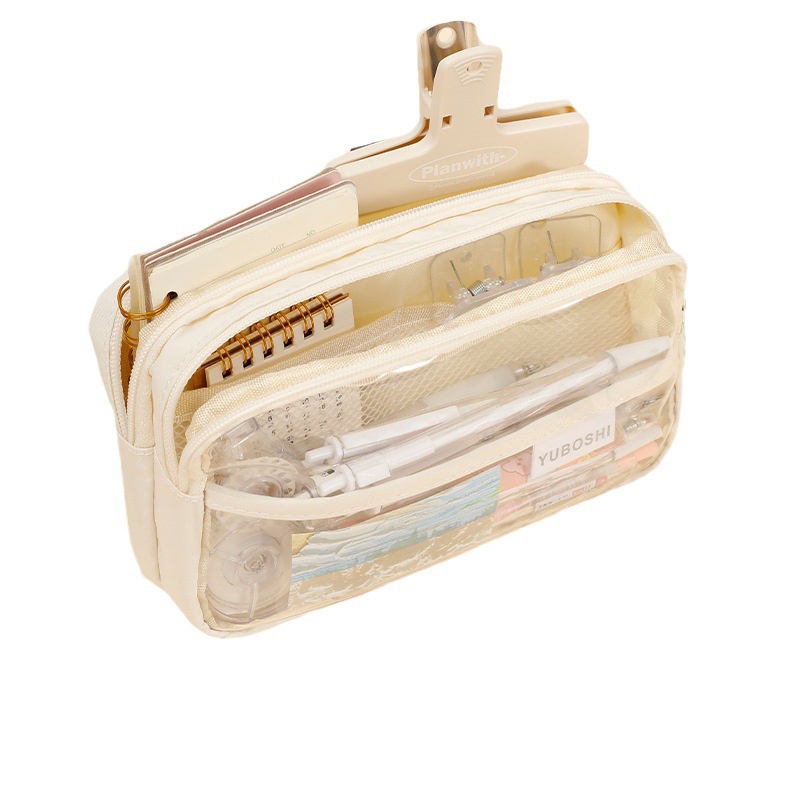 Túi Đựng Bút 3 Ngăn Trong Suốt Có Khóa Kéo Sức Chứa Lớn Họa Tiết Thiên Thần Dễ Thương