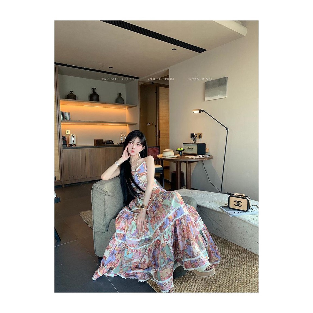 Đầm Hoa Hai Dây Dáng Dài Phong Cách Retro Mùa Hè 2023