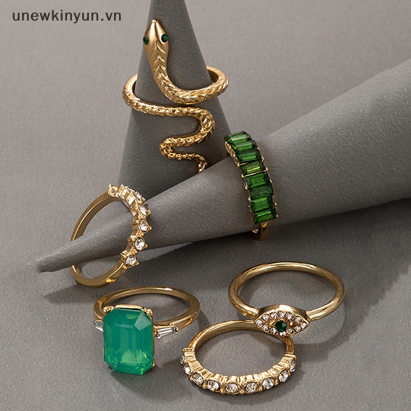 Set 6 Nhẫn Hình Rắn Đính Đá Pha Lê Xanh Phong Cách Cổ Điển Cho Nữ