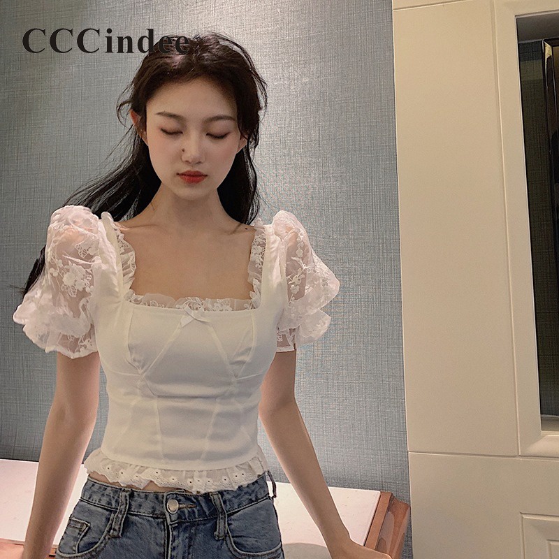 Áo Thun Tay Phồng Cổ Vuông Màu Trơn Thời Trang Mới 2023 Dành Cho Bạn Nữ