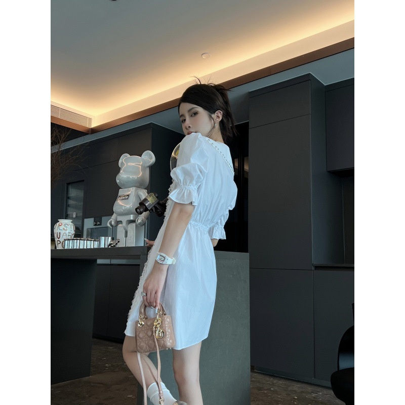 7SWG MIU-MIU 23 summer New Age-reducing fashion beaded design doll collar bubble sleeve waist slimming dress
