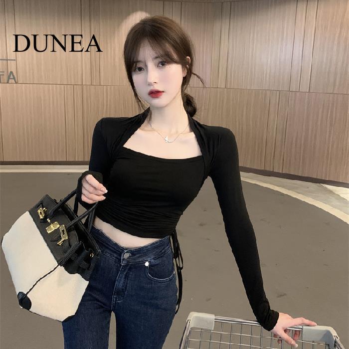 DUNEA Áo Thun Tay Dài Cổ Vuông Dáng Ôm Phối Dây Rút Thời Trang Cho Nữ