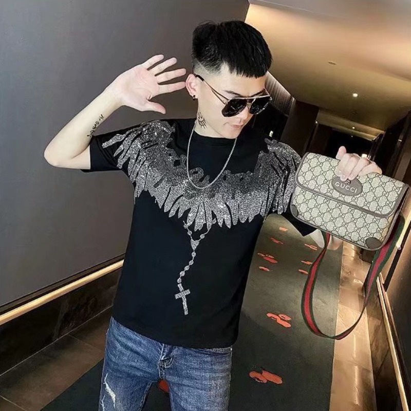 Moyi MOYI Áo Thun Nam Ngắn Tay Đính Đá Phong Cách Đường Phố Mùa Hè 6026