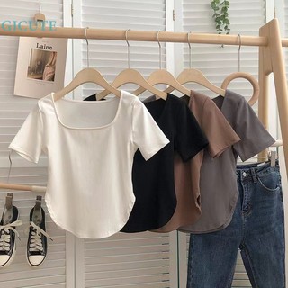 Áo thun croptop GJCUTE tay ngắn cổ vuông màu trơn kiểu cách thời trang mùa hè cho nữ