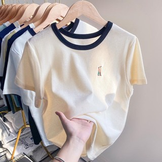 Áo baby tee thun nữ cotton tay ngắn thêu họa tiết màu sắc tương phản thời trang mùa hè Ma040