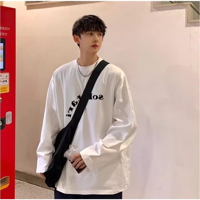 Áo Thun Tay Dài Cổ Tròn Dáng Rộng Phong Cách Retro Mỹ Thời Trang Cao Cấp Cho Nam