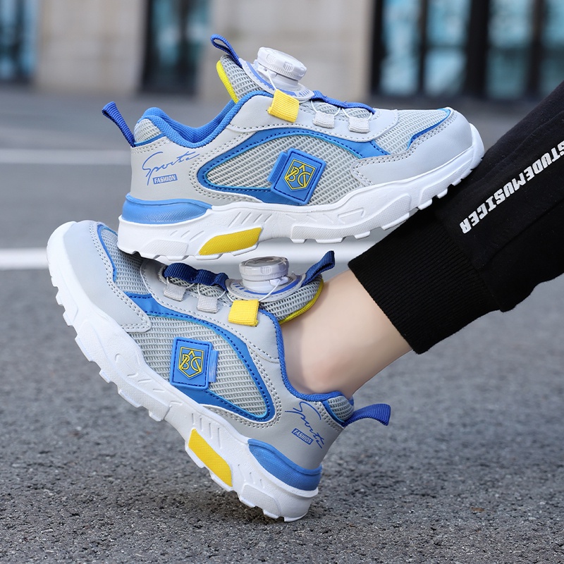 New boys sneakers mesh thoáng khí trẻ em ngoài trời giày thể thao thời trang nút xoay trẻ em giày đi bộ nhẹ