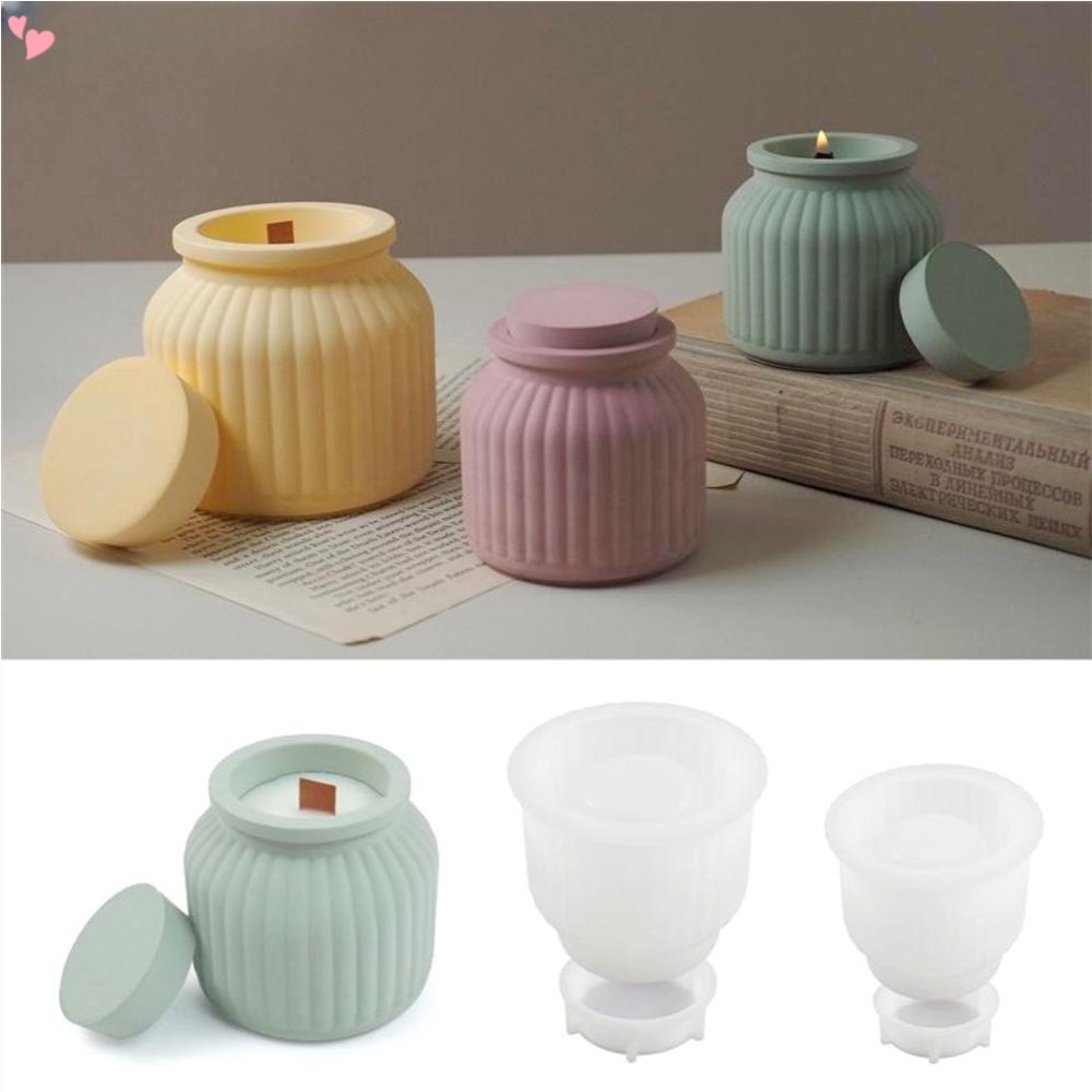 Sọc tròn lọ nến khuôn silicone có nắp tự làm chậu hoa mọng nước hộp lưu trữ đồ trang sức thạch cao khuôn nhựa epoxy trang trí nội thất