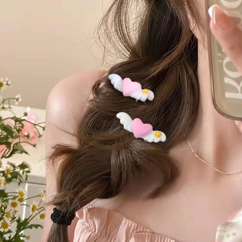 Kẹp Tóc Xương Cá Nhỏ Sáng Tạo Màu Hồng Đào Trái Tim Đôi Cánh Thiên Thần bb barrette / Ngọt Ngào Cho Bé Gái