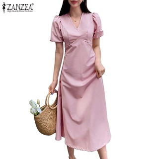 Zanzea phụ nữ thời trang hàn quốc v-cổ bong bóng tay áo ngắn tay dây kéo váy thắt lưng
