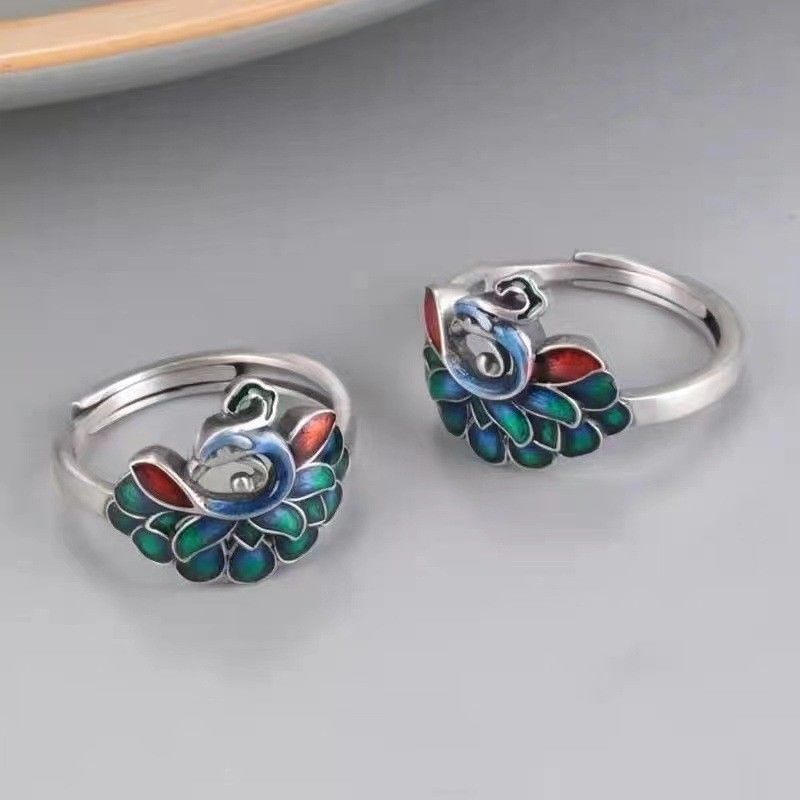 Nhẫn Hình Chim Công Tráng Men Thủ Công Phong Cách Dân Tộc Thời Trang Cho Nữ