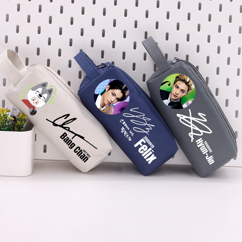 Stray kids pen bag học sinh văn phòng phẩm canvas hộp văn phòng phẩm di động dễ thương dây kéo bang chan, chang bin sản phẩm ngoại vi sunart