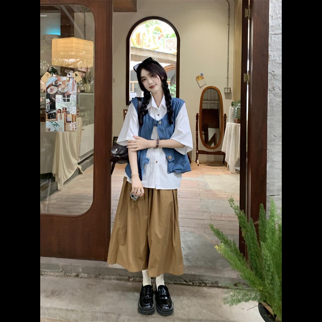 Set Chân váy jean Lưng Cao Và Áo Ba Lỗ Phong Cách hong kong Thời Trang Mới Cho Nữ