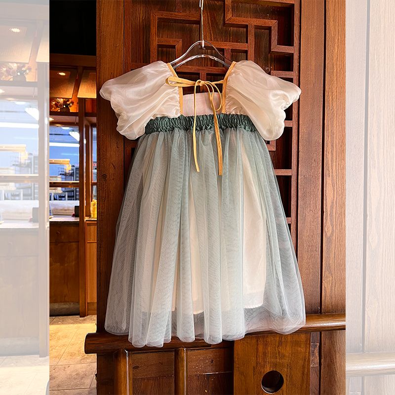 Váy hanfu thêu của cô gái puff sleeve princess dress baby mesh skirt