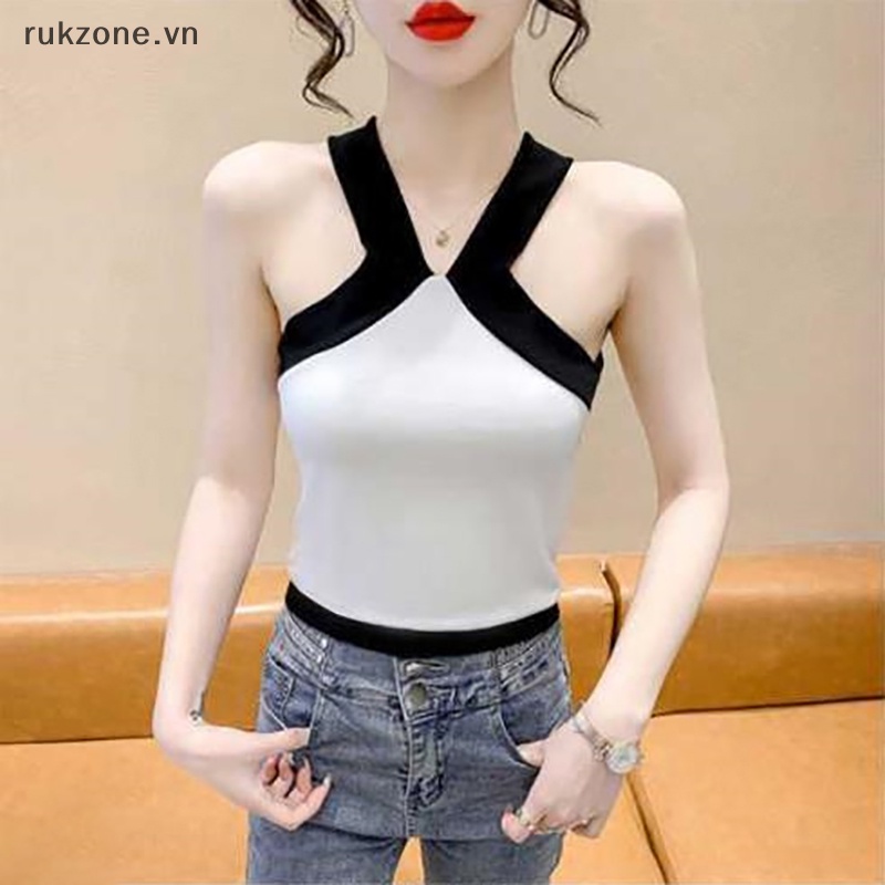 Zon mùa hè tương phản màu Áo hai dây dệt kim phụ nữ sexy không tay mỏng trên cùng ig