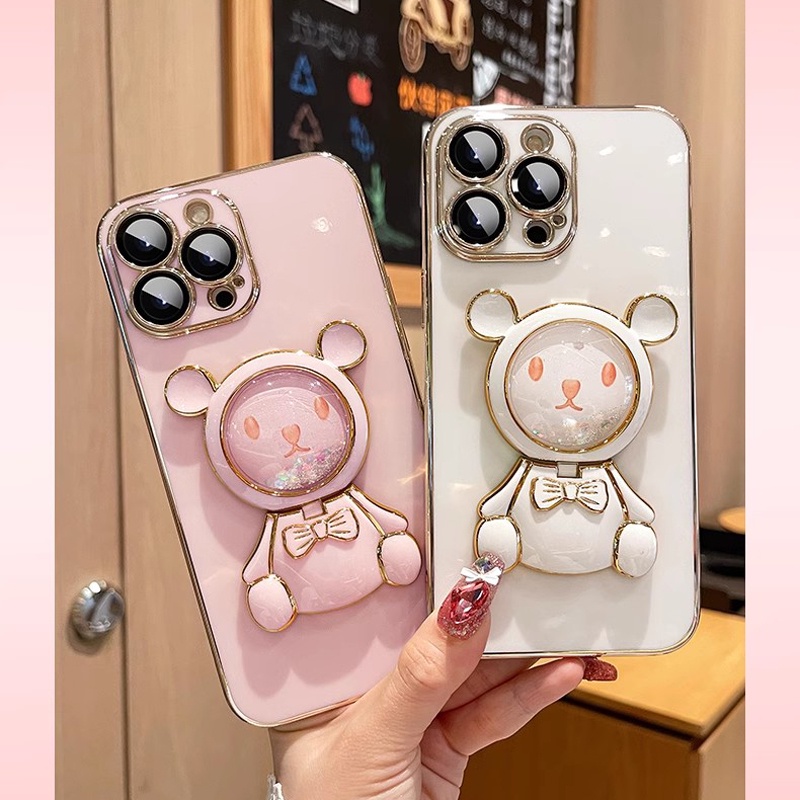 Realme 5 5i 5s 7 7i 8 8i 9 10 Pro GT Neo2 Neo3 Neo 2 3 Phim hoạt hình Giá đỡ gấu Chân đế Mạ Vỏ điện thoại mềm Ốp lưng đầy đủ