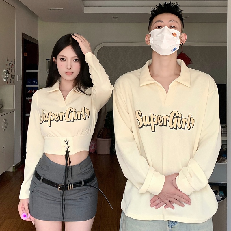 Áo Sweater Mùa Thu 2023 Dáng Ngắn Có Dây Rút In Họa Tiết Phong Cách Mới Cho Cặp Đôi áo đôi nam nữ đồ đôi quần áo đôi nam nữ