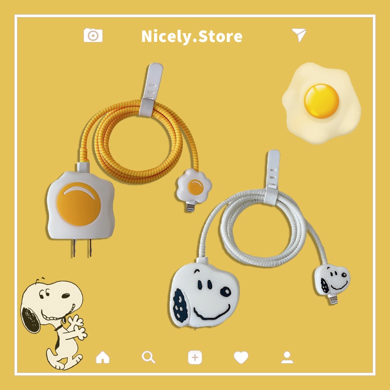 Cartoon fried egg snoopy data cable sleeve set tương thích cho apple 18 / 20w adapter charger anti-bite data line spring cord winding wire tie vỏ