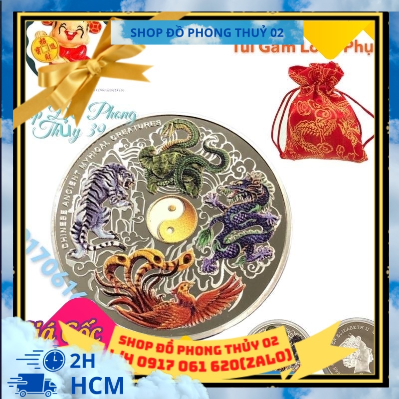 Đồng Xu Tứ Linh  Phong Thuỷ May Mắn Chất Liệu Niken Đường Kính 4cm