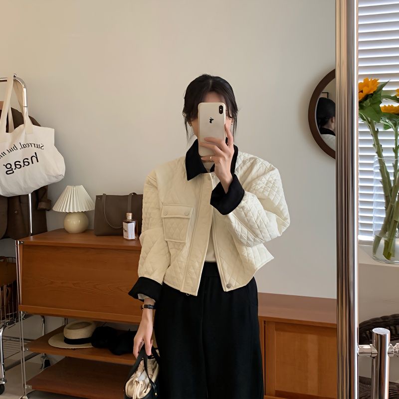 Phong cách hàn quốc thời trang ve áo nhỏ màu tương phản kim cương hồ sơ sang trọng áo khoác đệm bông áo khoác đệm phụ nữ 2022 mùa thu đông phong cách mới