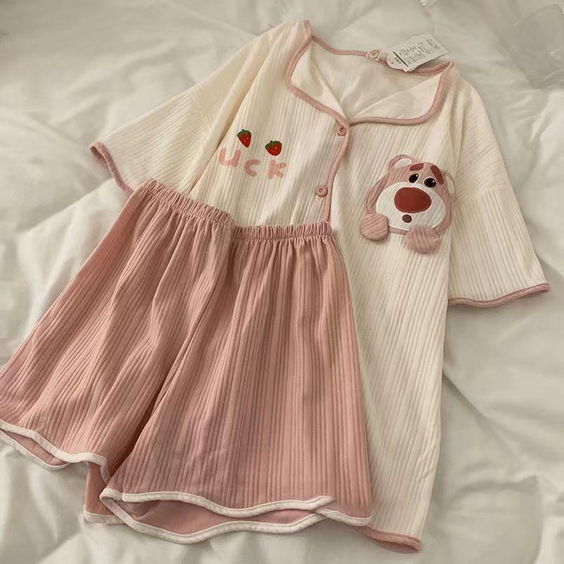 Cartoon women sleepwear pjs 2pcs short sleeve top + shorts pyjamas set loose casual pyjamas homewear