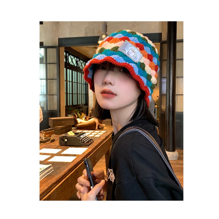 Mũ xô cầu vồng dệt kim hình thoi nữ phiên bản hàn quốc all-match face mũ len nhỏ mũ xô