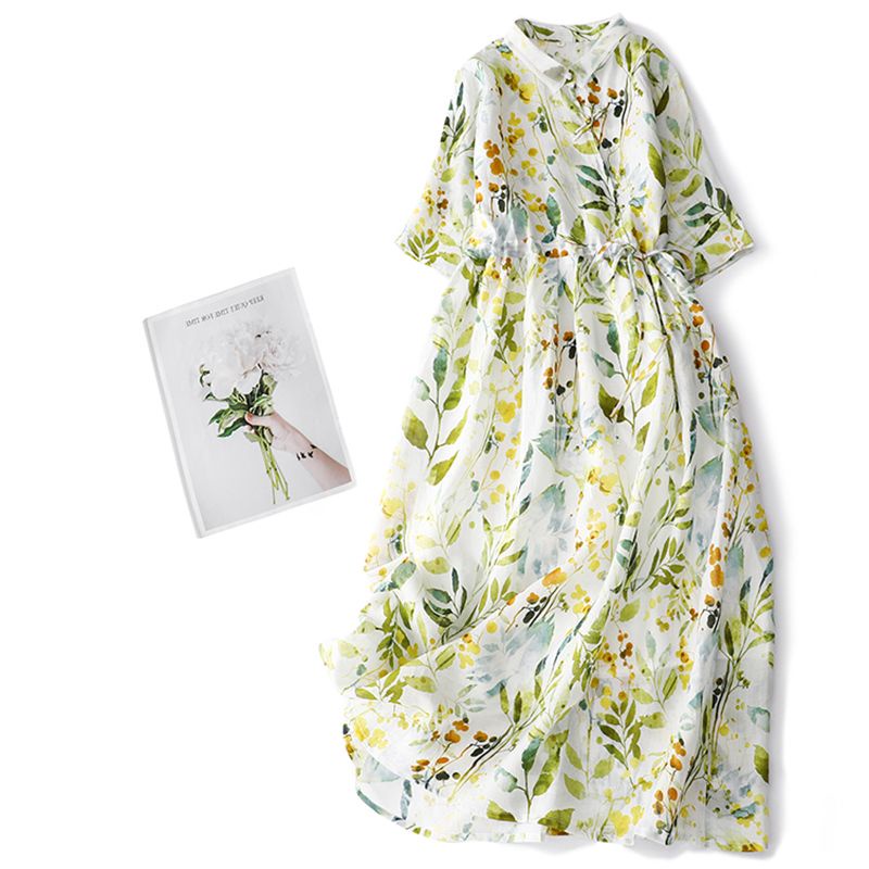 Ice cotton linen xuất khẩu ngoại thương kết thúc đơn đặt hàng pháp hoa tuổi-giảm cotton linen dress nữ retro văn học clasp ren-up hẹp @ -