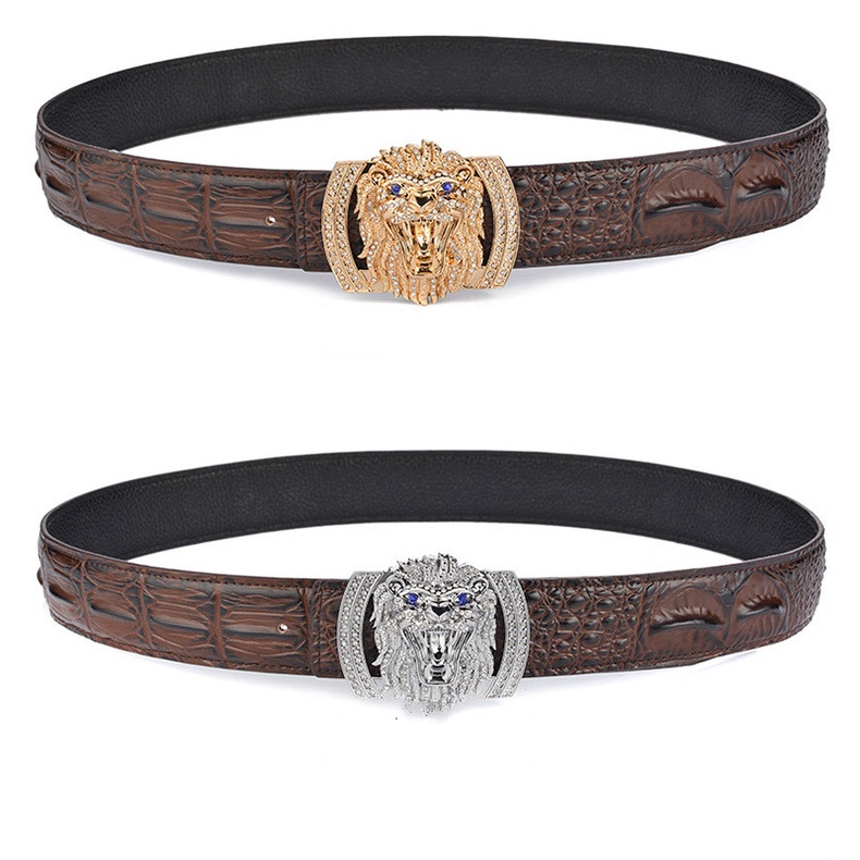 Thắt lưng nam da nâu cá sấu vàng sang trọng khóa sư tử quà tặng bằng da